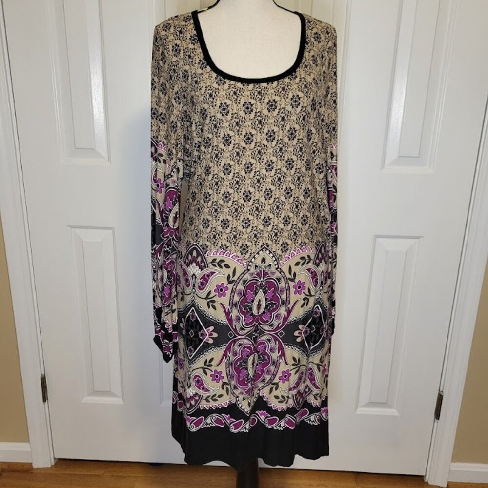 Karen Kane Medallion Print Long Sleeve Dress Purple Black Tan Size Large